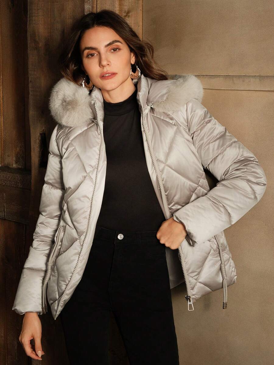 Anewsta Women's Fashionable Minimalist Fitted Hooded Jacket - Apricot - View 1