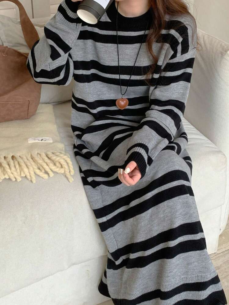 Women's Casual Loose Fit Round Neck Long Sleeve Striped Sweater Dress, Fall/Winter