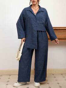 Mulvari 2 件大码休闲长袖衬衫和裤子套装，春季/秋季 - 藍色 - 查看 4