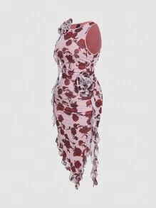 SHEIN MOD Plus Size Rose Floral Print Vintage Romantic Big 3D Floral Sleeveless Asymmetrical Hem Dress, Formal Dress, Prom Dress - Multicolor - View 5