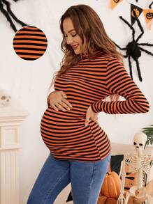 SHEIN Maternity Long Sleeve Stripe T-Shirt, Halloween Themed Fitted Pregnancy Tee
