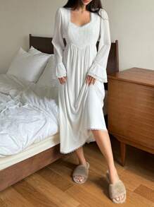 DAZY Lace Patchwork Ruffle Trim Knit Nightgown Pajama, Fall - Beige - View 3