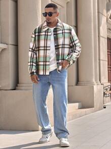 Manfinity Homme Plus Size Men's Casual Plaid Print Jacket, Autumn - Multicolor - View 3