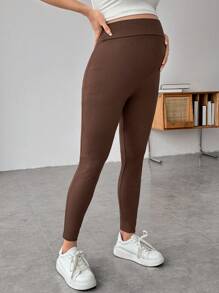 SHEIN 孕妇纯色针织紧身裤，可调节腰部孕妇紧身裤，秋冬款