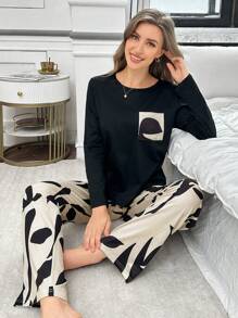 简约优雅印花休闲长袖女式睡衣套装，秋冬服装 - 彩色 - 查看 5