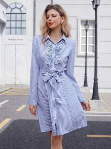 Aveloria Rosie Vestido camisero de manga larga a la rodilla con cuello bordado a rayas, con cinturón en la cintura, vestido de verano para maestras