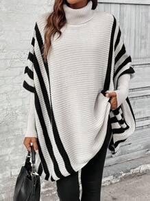 Chiquease Áo len nữ mùa thu/đông cổ cao kẻ sọc tay cánh dơi dáng rộng thoải mái, áo len chui đầu mùa thu - Xám - Xem 1