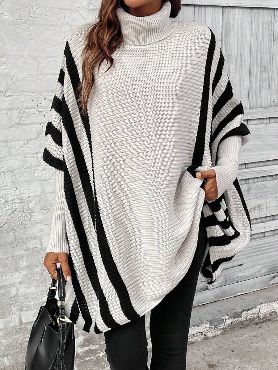 Chiquease Áo len nữ mùa thu/đông cổ cao kẻ sọc tay cánh dơi dáng rộng thoải mái, áo len chui đầu mùa thu - Xám - Xem 1