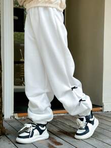 SHEIN Tween Girl 蝴蝶结装饰褶皱宽松羊毛运动裤 - 白色 - 查看 1