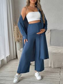 SHEIN Bộ 2 món đồ bà bầu đơn giản màu trơn cài nút phía trước áo dài và quần dài, mùa xuân và thu - Màu xanh lam - Xem 3