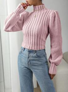 Calvaya Jersey de manga farol de cuello alto liso, para otoño/invierno - Rosa - Ver 5