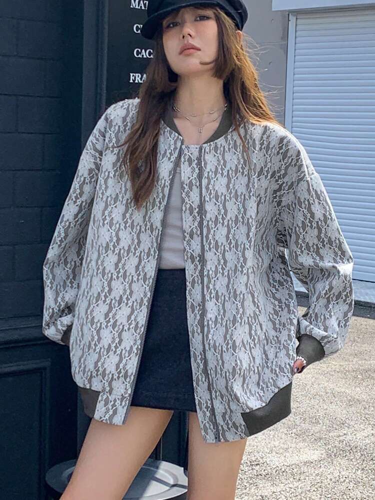 Women Floral Lace Long Sleeve Loose Casual Baseball Jacket For Autumn/Winter Women Coats