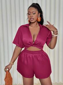 Slaydiva Plus Size V-Neck Loose Fit Vacation Shorts Set, Pink - 2pcs - Hot Pink - View 6