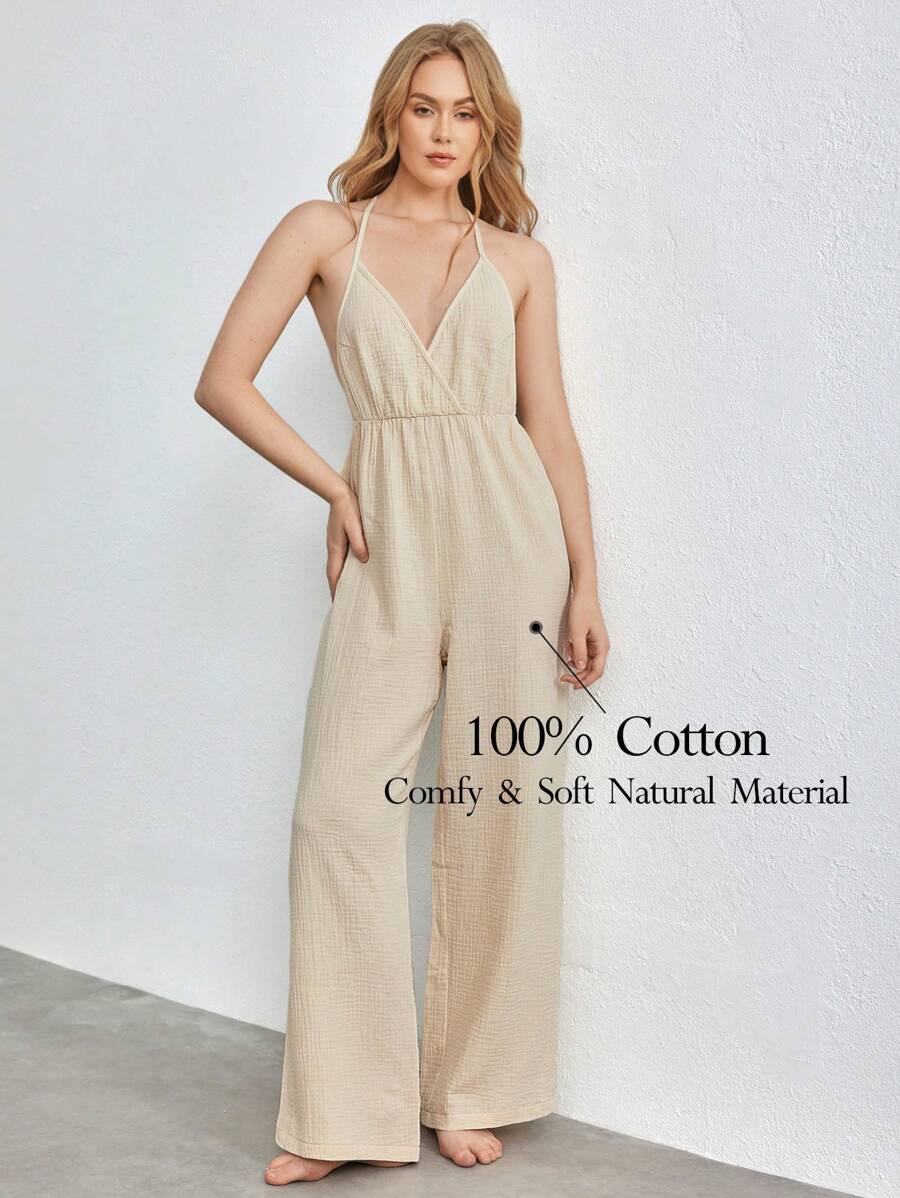 Ocili Leisure Backless Halter Neck Jumpsuit For Home Wear - Khaki - View 1