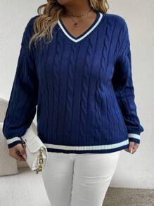 SHEIN 大码撞色拼接V领长袖简约休闲套头毛衣，适合冬季秋季穿着 - 藏蓝色 - 查看 6