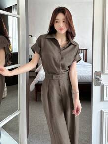 DAZY 女士纯色纽扣前开襟衬衫和阔腿裤两件套，带口袋，家居休闲套装 - 咖啡棕 - 查看 6