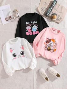 3pcs/Set Tween Girl Cartoon Printed Crew Neck Long Sleeve Sweatshirts - Black - View 1