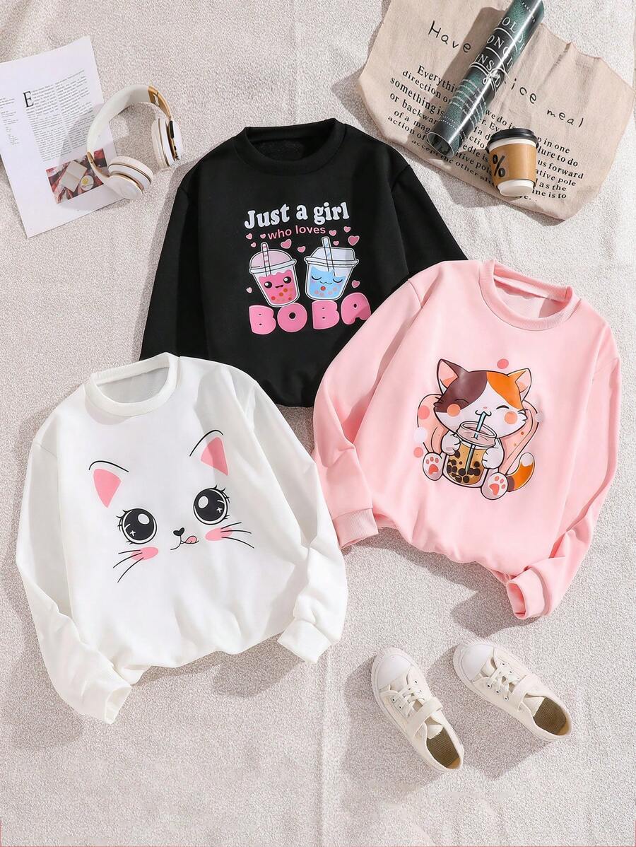 3pcs/Set Tween Girl Cartoon Printed Crew Neck Long Sleeve Sweatshirts - Black - View 1