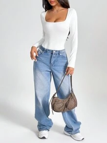 SHEIN PETITE Square Neck Slim Fit Bodysuit - White - View 4