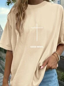 INAWLY Áo thun tay ngắn in chữ thập và chữ thường mùa hè - Màu be - Xem 3