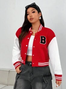 Flirla 大码女式春秋季字母条纹落肩棒球夹克 - 彩色 - 查看 5