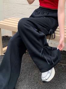 DAZY 女士纯色侧系带休闲长裤，日常休闲，带保暖内衬 - 藏蓝色 - 查看 6