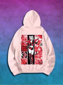 ROMWE MEN Harley Quinn | ROMWE 男士动漫人物与字母印花落肩抽绳连帽运动衫 - 粉色 - 查看 1