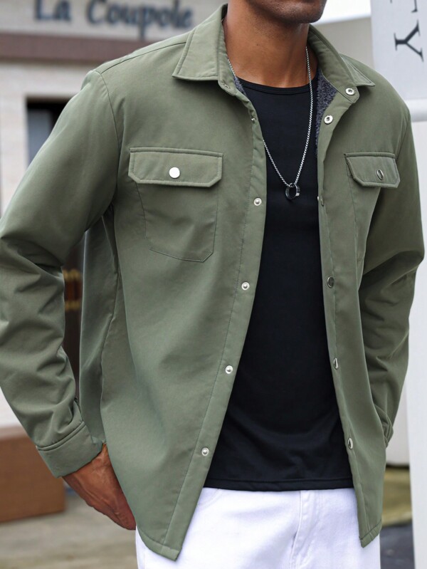 Manfinity CasualCool Men's Solid Color Utility Pocket Long Sleeve Casual Shacket For Fall And Winter, Going Out Fashion Green Shacket, For Friends, Husband, Boyfriend Gifts
