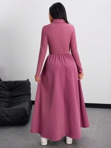 Mulvari Vestido maxi modesto de manga larga con cuello alto, estampado con letra, sencillo y sobrio para mujer