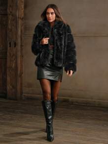 Anewsta New Autumn Winter Elegant Lady Imitation Fox Fur Jacket Fashion Fluffy Coat For Women - Black - View 1