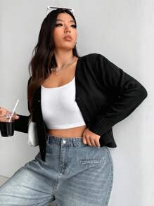 Flirla Plus Size Women Black Simple Loose Sweater Cardigan, For Winter - Black - View 4