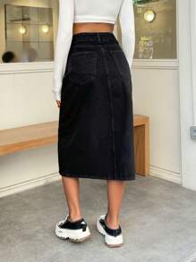 SHEIN Cottnline 100% Cotton LENGHT DENIM SKIRT SLIT DETAIL - Black - View 2