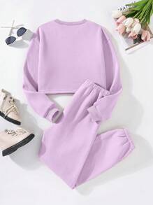 2 piezas/set de sudadera y pantalón de chándal de cuello redondo informal para adolescentes, tejido - Púrpura malva - Ver 2