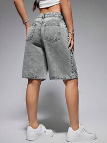SHEIN EZwear Quần short denim tối giản có túi nút phía trước dành cho nữ, mặc thường ngày - Màu Xám nhạt - Xem 2