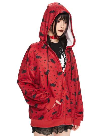 Kawaii Sudadera con estampado integral de gato de terror de Halloween para mujeres