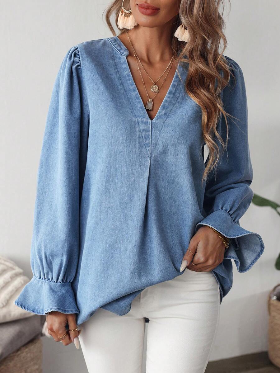 SHEIN LUNE Women's V-Neck Long Sleeve Casual Denim Top - Blue - View 1