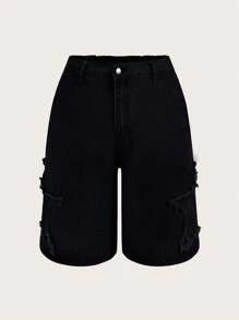 SHEIN ICON 有星星破損印花的大碼牛仔短褲，鈕扣開衩和多個口袋，適用於休閒日常穿著 - 黑色 - 查看 1