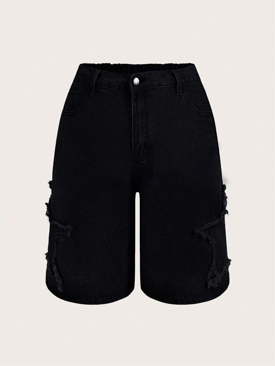 SHEIN ICON 有星星破損印花的大碼牛仔短褲，鈕扣開衩和多個口袋，適用於休閒日常穿著 - 黑色 - 查看 1