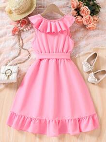 Tween Girl  Solid Color Ruffle Trim Wrap Dress, Vacation Casual - Pink - View 2