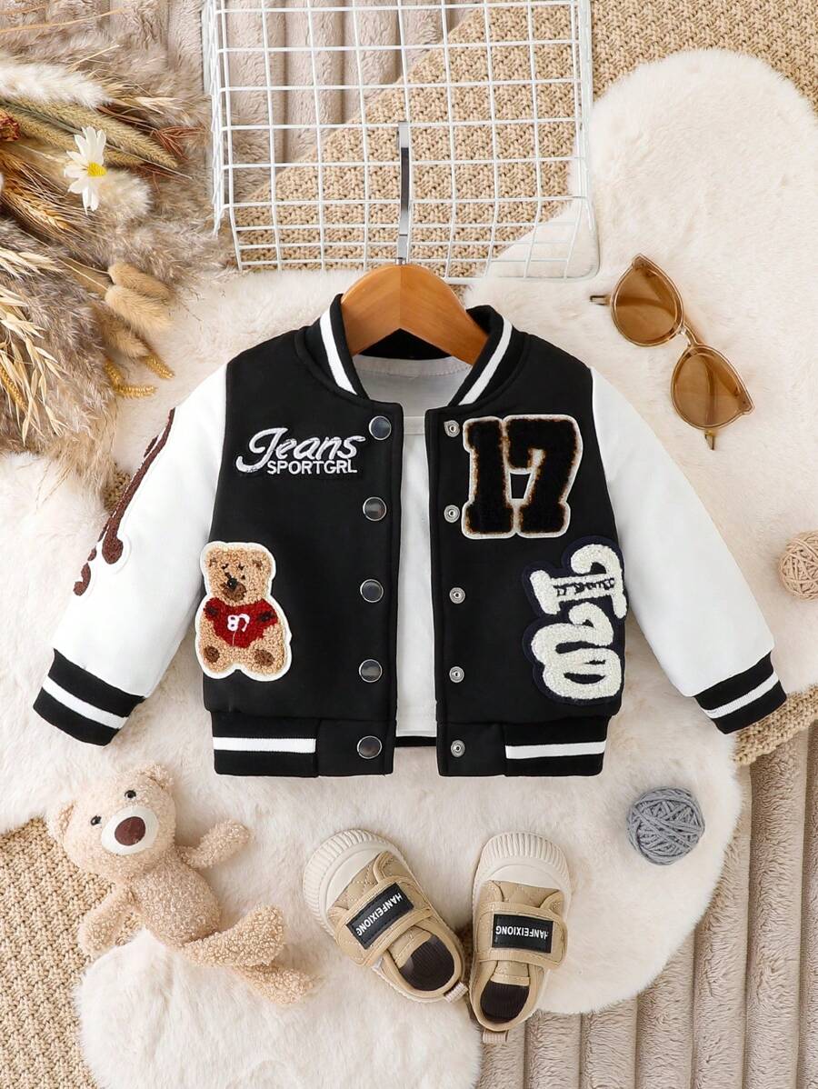Baby Boy Letter & Bear Embroidery Casual Sport Baseball Jacket, Spring Autumn, Baby Boy Bomber Jacket - Black - View 1