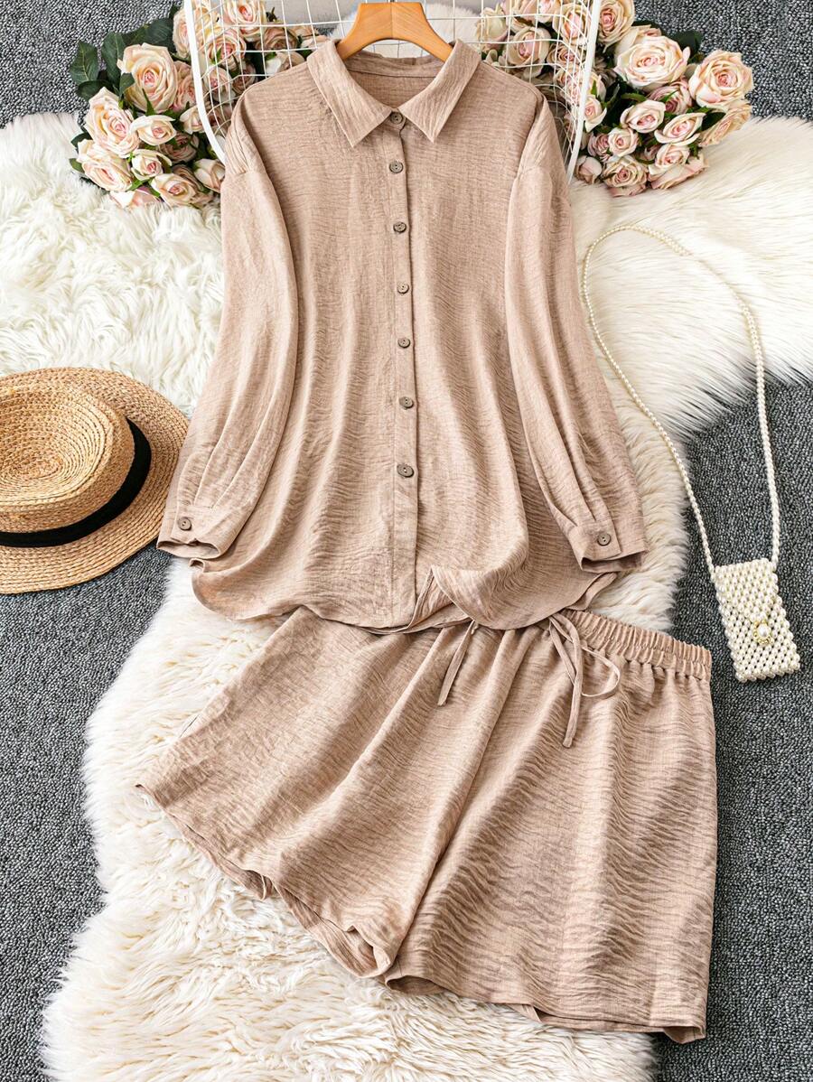 Conjunto de 2 piezas de talla grande con top de manga larga de unicolor con botones delanteros y shorts con lazo delantero - Albaricoque - Ver 1