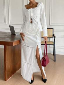 SHEIN Frenchy 2pcs Women White Simple Front Tie Hollow-Out Patchwork Long Sleeve Top & Split Hem Skirt Set,Open Placket Buttons Winter Women Tops And Winter Women Long Skirts Set,New Year Eve Dress Set,Christmas Party Dress,Winter Women Dress,Winter Two Pieces Sets,Ins Blogger Wear, Casual Everyday Wear, Commute, Minimalist, Office, Old Money - White - View 6