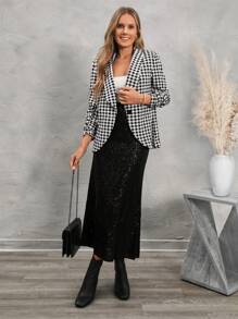 SHEIN LUNE Women's Autumn/Winter Plaid Print Ruched Sleeve Casual Blazer