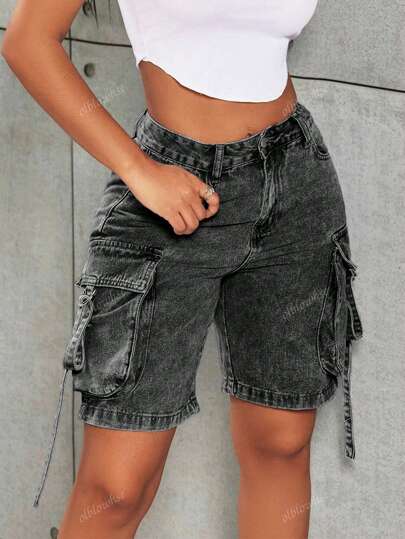 Vintage Flap Pocket Tape Detail Washed Work Cargo Denim