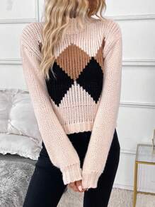 SHEIN LUNE 女士多色菱形图案针织套头衫，秋冬款 - 彩色 - 查看 5