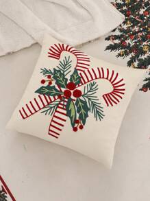 1pc Christmas Decorative Throw Pillow Cover, Embroidered Santa Tree Snowman House Design, Velvet For Living Room Bedroom - Red - View 4