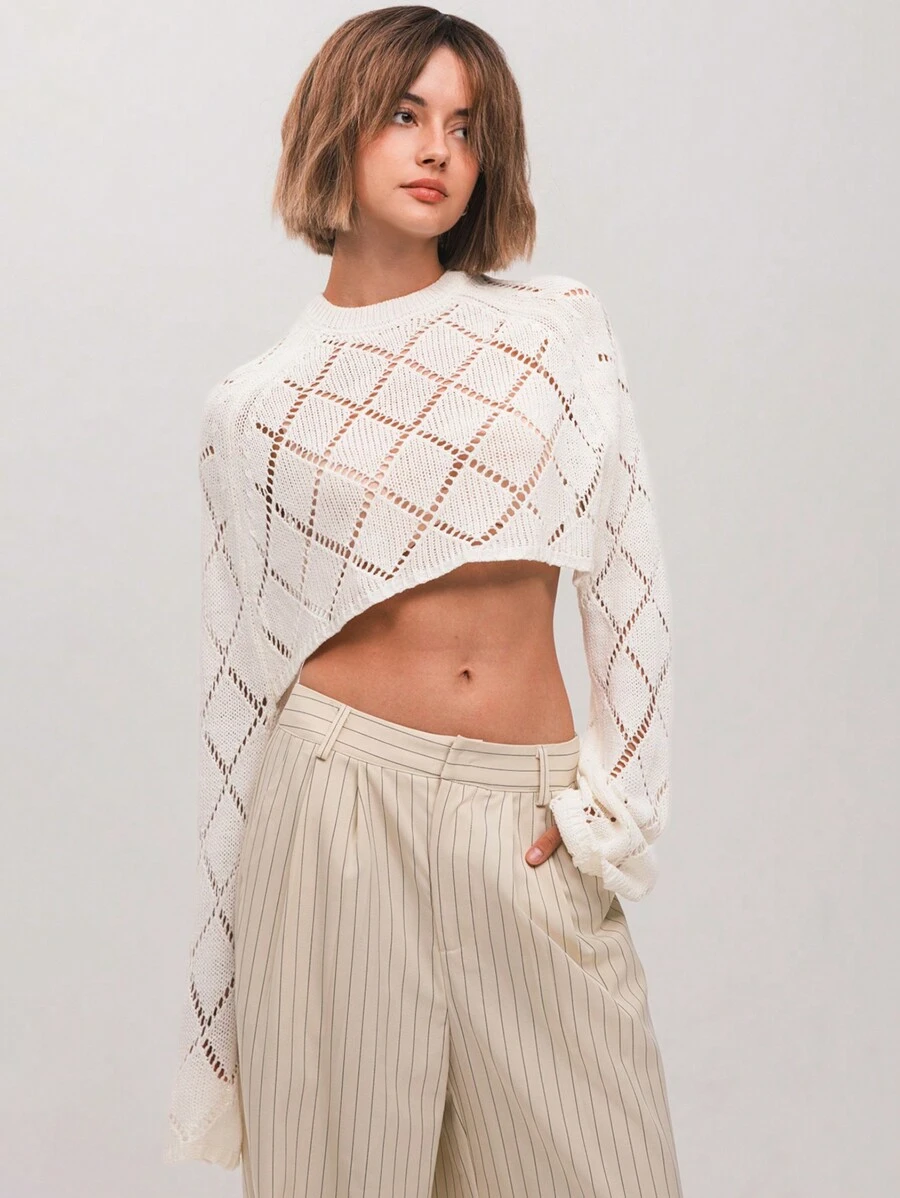 SHEIN X PERLA SHEIN Unity 女士圆领插肩袖镂空短款休闲毛衣，秋冬 - 白色 - 查看 1