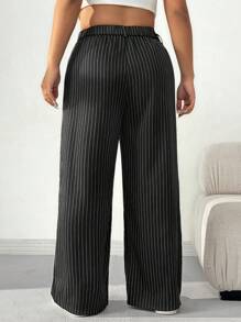SHEIN EZwear Plus Size Black Striped Retro Loose Pants - Black - View 2