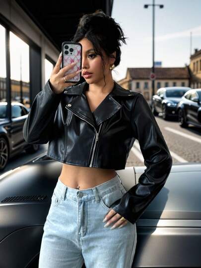 Chiquease Biker-Style Short PU Leather Metal Decor Jacket For Women Fall Winter Cloth For Women