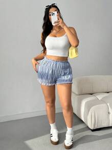 CovetEZ 大码女式格子荷叶边宽松短裤 - 藍白色 - 查看 5